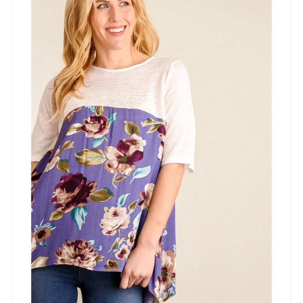 BEAUTIFUL PURPLE/IVORY FLORAL TOP, L, runs small. Matches pink/ivory floral - Picture 2 of 8